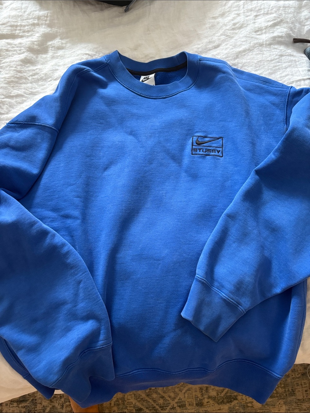 STUSSY size M Nike Blue Crewneck Sweatshirt with EMBROIDERED Logo